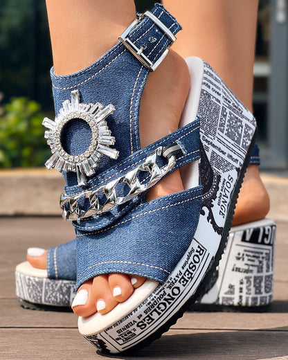 Newspaper Rhinestone Gear Pattern Slingback Platform Wedge Sandals