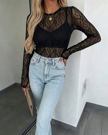 Women's Jacquard Textured Sheer Lace Long Sleeve Top Crewneck Slim Fit Tee with Thumb Holes