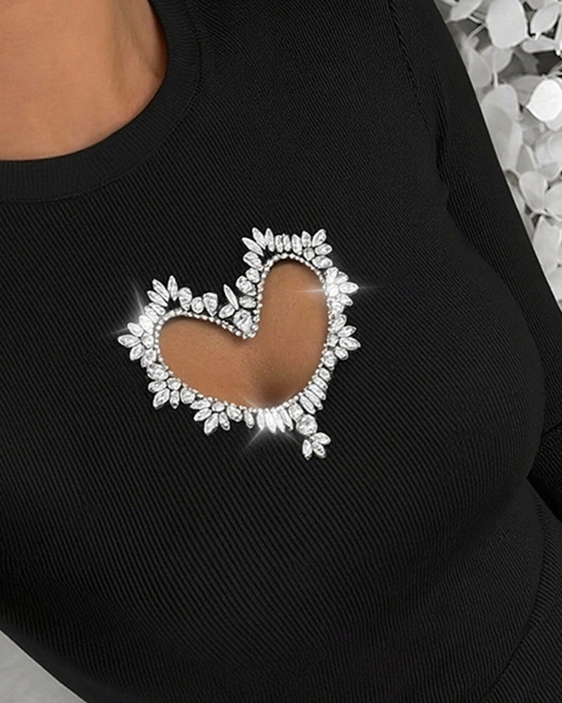 Women's Rhinestone Heart Hollow-out Long Sleeve Ribbed Knit Fitted Top
