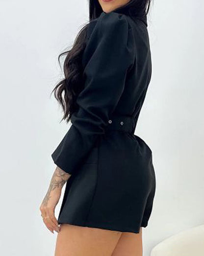 Notched Collar Puff Sleeve 2-in-1 Blazer Romper with Detachable Belt