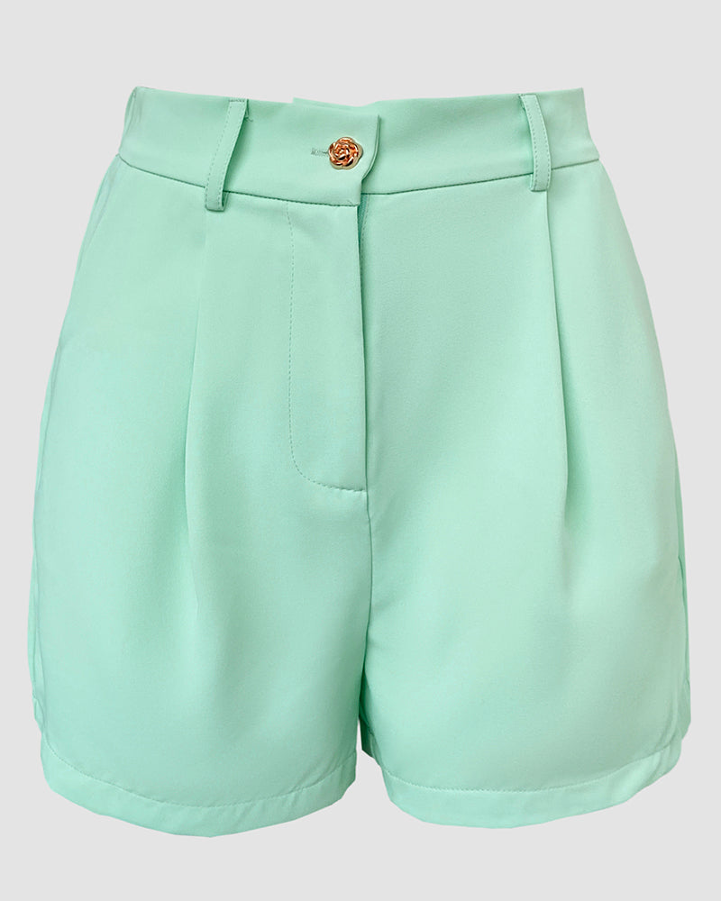 Bandeau Spaghetti Strap Golden-Button Back Shirred Top with Casual Shorts Set