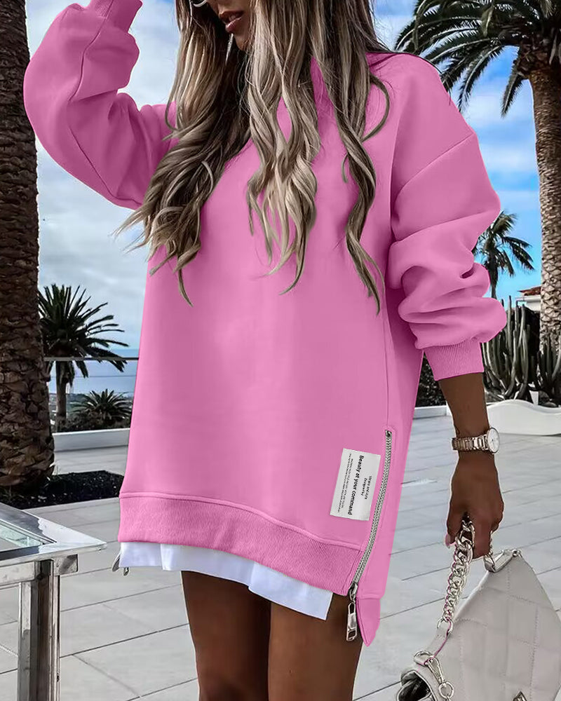 Letter Patch Detail Long Sleeve Drop Shoulder Pullover Sweatshirt Casual Zipper Side Slit Top