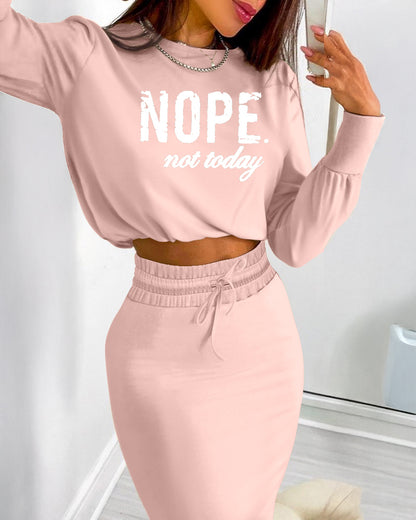 2 Pieces Outfit NOPE. not today Slogan Print Long Sleeve Stretchy Hem Crop Top and High Waist Drawstring Elastic Waist Slit Casual Skirt Set