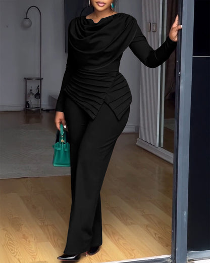 Cowl Neck Asymmetrical Textured Patchwork Cinched Waist Jumpsuit Casual Zipper Back Wide Leg Jumpsuit