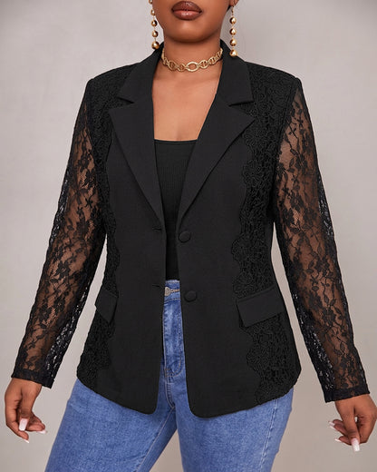 Women's Lace Patchwork Blazer Elegant Sheer Sleeve Single Breasted Coat