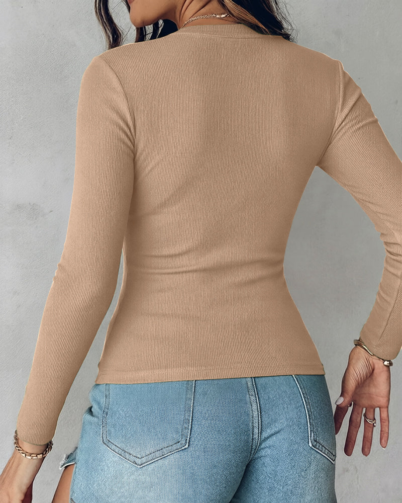Women's V Neck Long Sleeve Ribbed Knit Top Slim Fit Base Layer Shirt Soft Stretchy Casual Tee with Built-in Bra