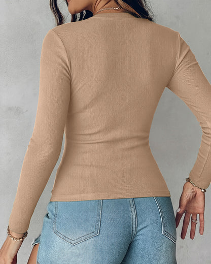 Women's V Neck Long Sleeve Ribbed Knit Top Slim Fit Base Layer Shirt Soft Stretchy Casual Tee with Built-in Bra