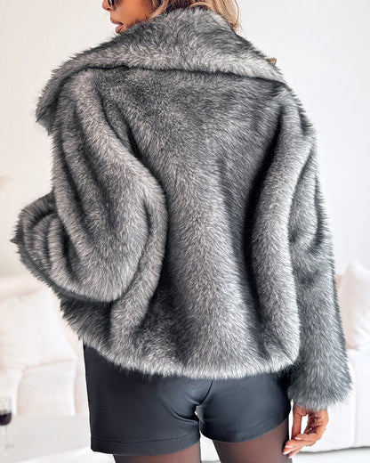 Turn-down Collar Long Sleeve Faux Fur Coat Jacket Casual Warm Fluffy Cropped Coat