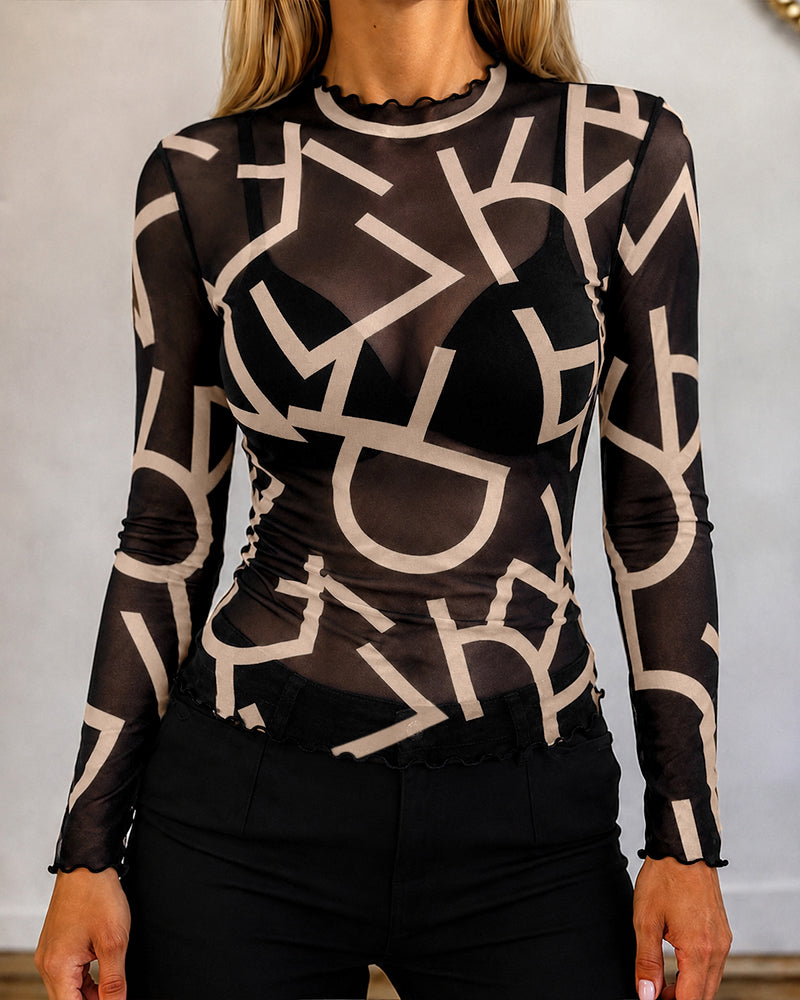 Women's Sheer Mesh Letter Print Mock Neck Frill Trim Long Sleeve Top