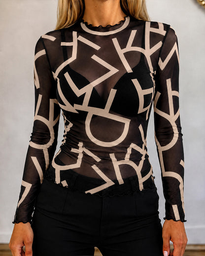 Women's Sheer Mesh Letter Print Mock Neck Frill Trim Long Sleeve Top