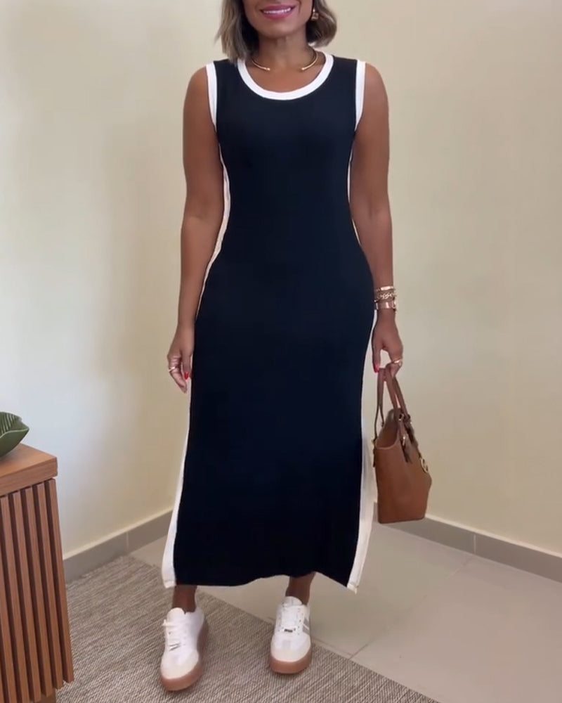 Women's Contrast Binding Tank Dress Slim Fit Sleeveless Maxi Dress Side Slit Casual Knit Sundress