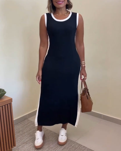 Women's Contrast Binding Tank Dress Slim Fit Sleeveless Maxi Dress Side Slit Casual Knit Sundress