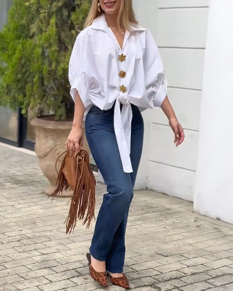 Vintage Palace Style Turn-down Collar Batwing Sleeve Golden Floral Button Front Blouse Casual Knot Front Loose Fit Top