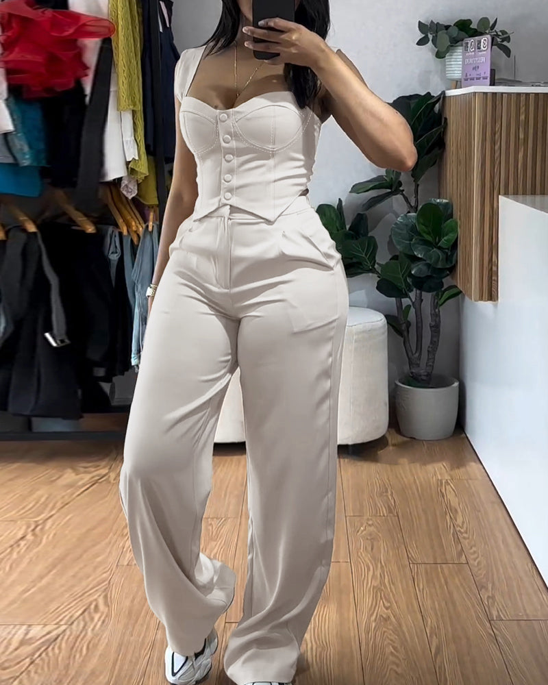 2 Pieces Outfit Thick Strap Button Front Shirred Back Slim Fit Crop Top and Casual High Waist Zipper Fly Elastic Back Waist Wide Leg Pants Set