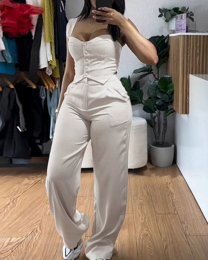 2 Pieces Outfit Thick Strap Button Front Shirred Back Slim Fit Crop Top and Casual High Waist Zipper Fly Elastic Back Waist Wide Leg Pants Set