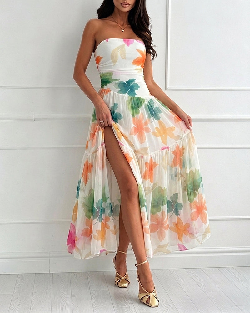 Women's Floral Strapless Maxi Dress Ruched Mesh Tube Vacation Dress Ruffle Hem A-Line Sundress with Detachable Clear Straps