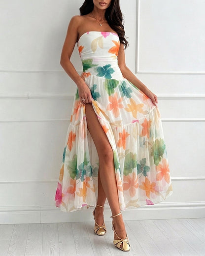 Women's Floral Strapless Maxi Dress Ruched Mesh Tube Vacation Dress Ruffle Hem A-Line Sundress with Detachable Clear Straps