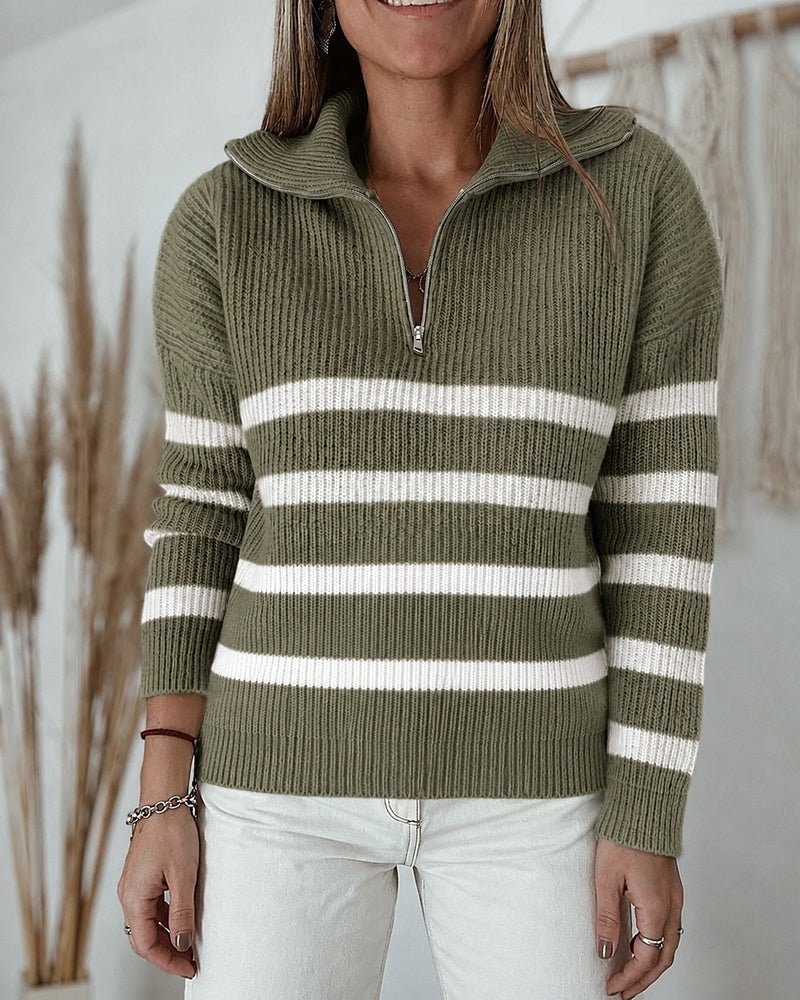 Women's Half Zip Striped Sweater Colorblock Turn-down Collar Knit Pullover Drop Shoulder Loose Fit Top