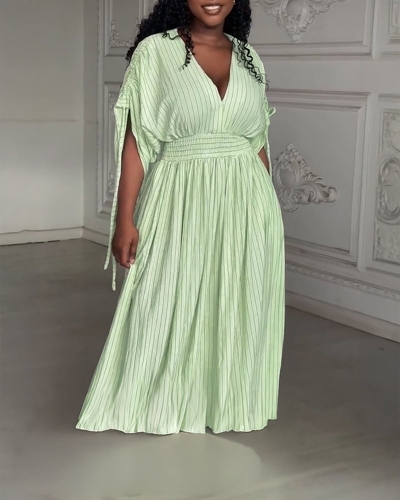 Striped V-Neck Drawstring Sleeve Shirred Waist Maxi Dress Casual Cinched Waist Zipper Back Vacation Dress
