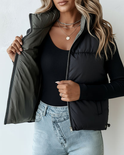 Stand Collar Sleeveless Zip Up Drawstring Hem Vest Casual Two-Way Reversible Ladies Warm Winter Padded Coat