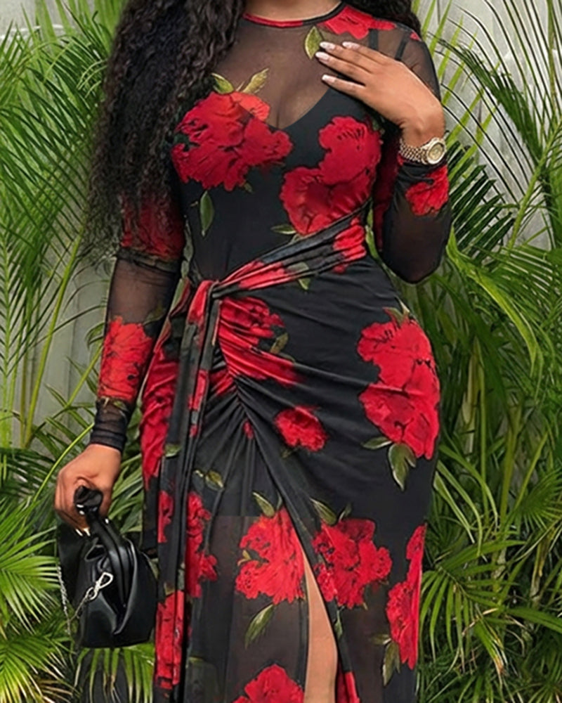 2 Pieces Outfit Floral Print Long Sleeve Tie Waist High Slit Sheer Mesh Maxi Dress with V-Neck Adjustable Spaghetti Straps Cami Mini Dress