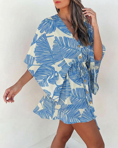 Tropical Plants Print V-Neck Bell Sleeve Button Front Mini Dress Casual Drawstring Waist Vacation Dress