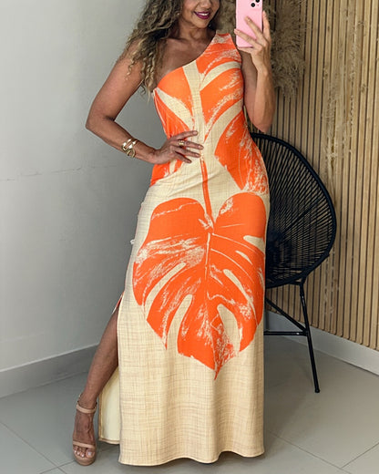 CHICME Women's Tropical Monstera Leaf Print One Shoulder Maxi Dress Side Slit Bodycon Dress with Pockets and Zipper