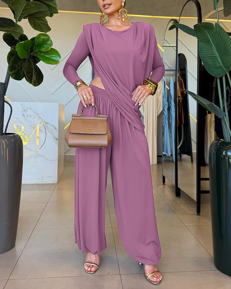 Women's 2 Piece Outfit Asymmetric Pleated Top and High Waist Lantern Pants