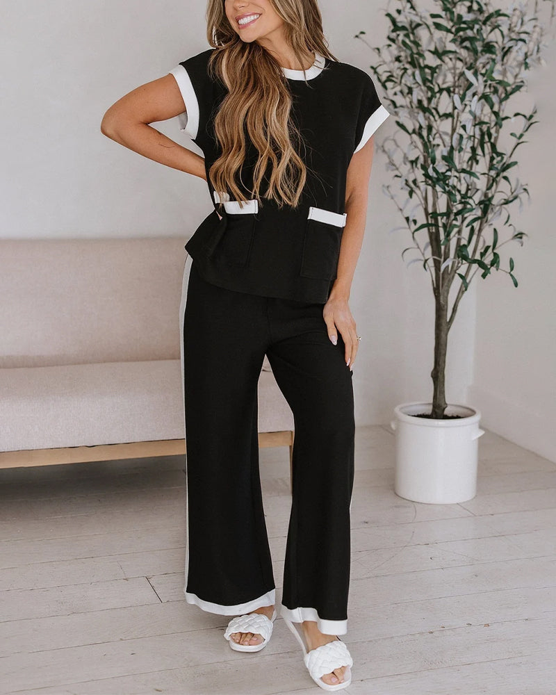 Women's Contrast Binding Two-Piece Set Short Sleeve Top and Wide Leg Pants