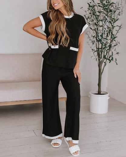 Women's Contrast Binding Two-Piece Set Short Sleeve Top and Wide Leg Pants