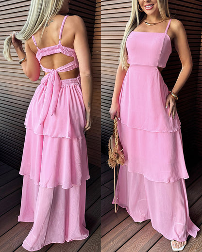 Square Neck Adjustable Spaghetti Straps Cutout Waist Ruffle Hem Dress Casual Backless Tie Back Stretchy Back Chiffon Cami Dress