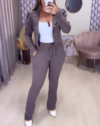 Women's 2 Piece Blazer Set Cropped Double Breasted Coat and Drawstring Pants