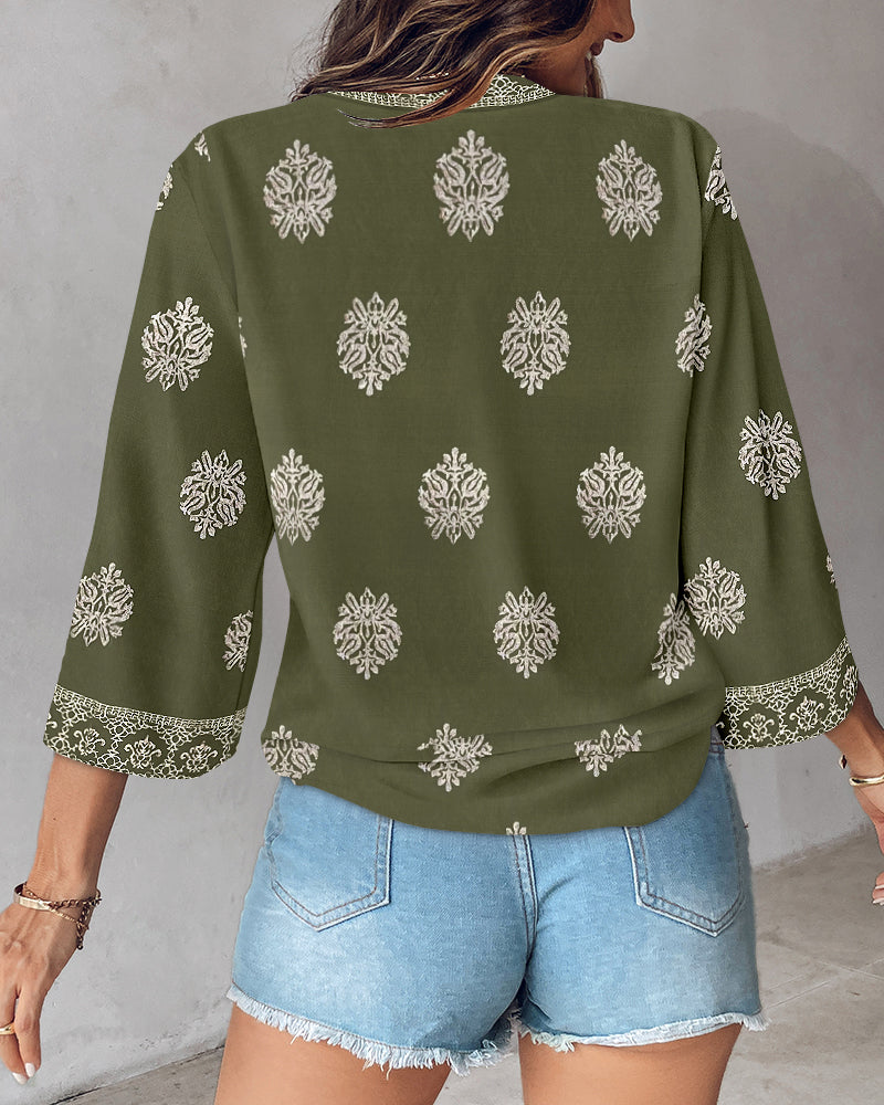 Floral Print V Neck Long Sleeve Blouse Casual Loose Fit Top