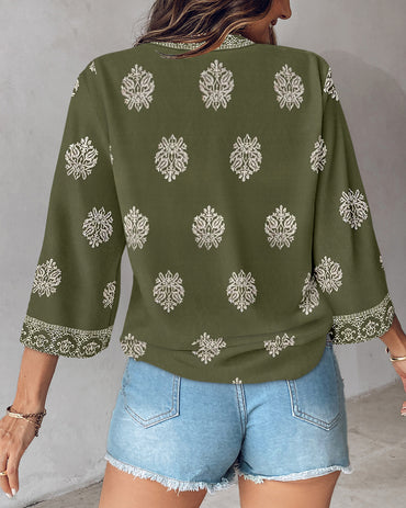 Floral Print V Neck Long Sleeve Blouse Casual Loose Fit Top