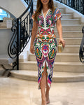 Women's Deep V Neck Abstract Print Bodycon Dress Elegant Ruched Front Slit Vacation Dress