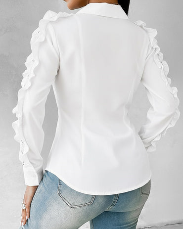 Turn-down Collar Ruffles & Hollow-out Design Long Sleeve Blouse Button Front Asymmetrical Hem Top