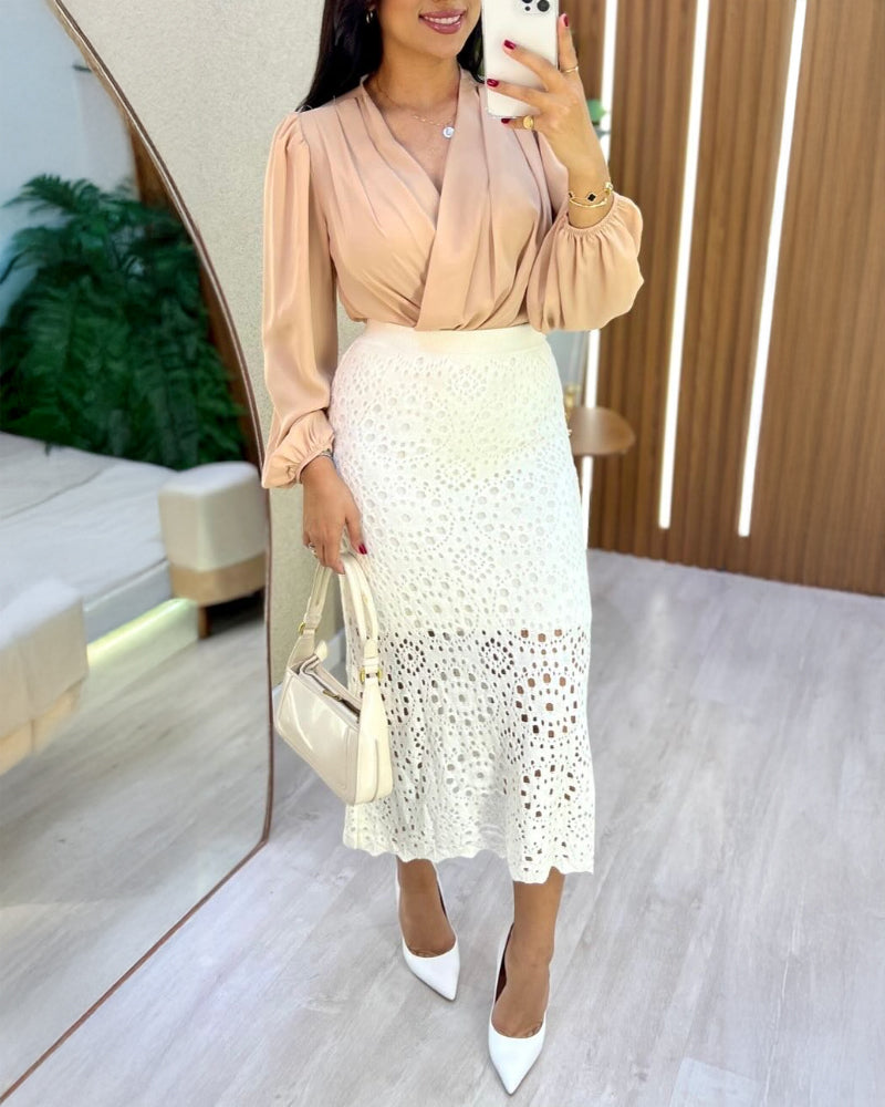 Crochet Pattern Elastic Waist Hollow-out Mid-Calf Skirt Casual Commuting Skirt