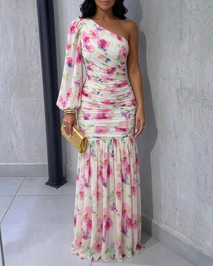 Women's Floral One Shoulder Evening Dress Elegant Lantern Sleeve Ruched Maxi Gown Casual Sheer Mesh Mermaid Dress