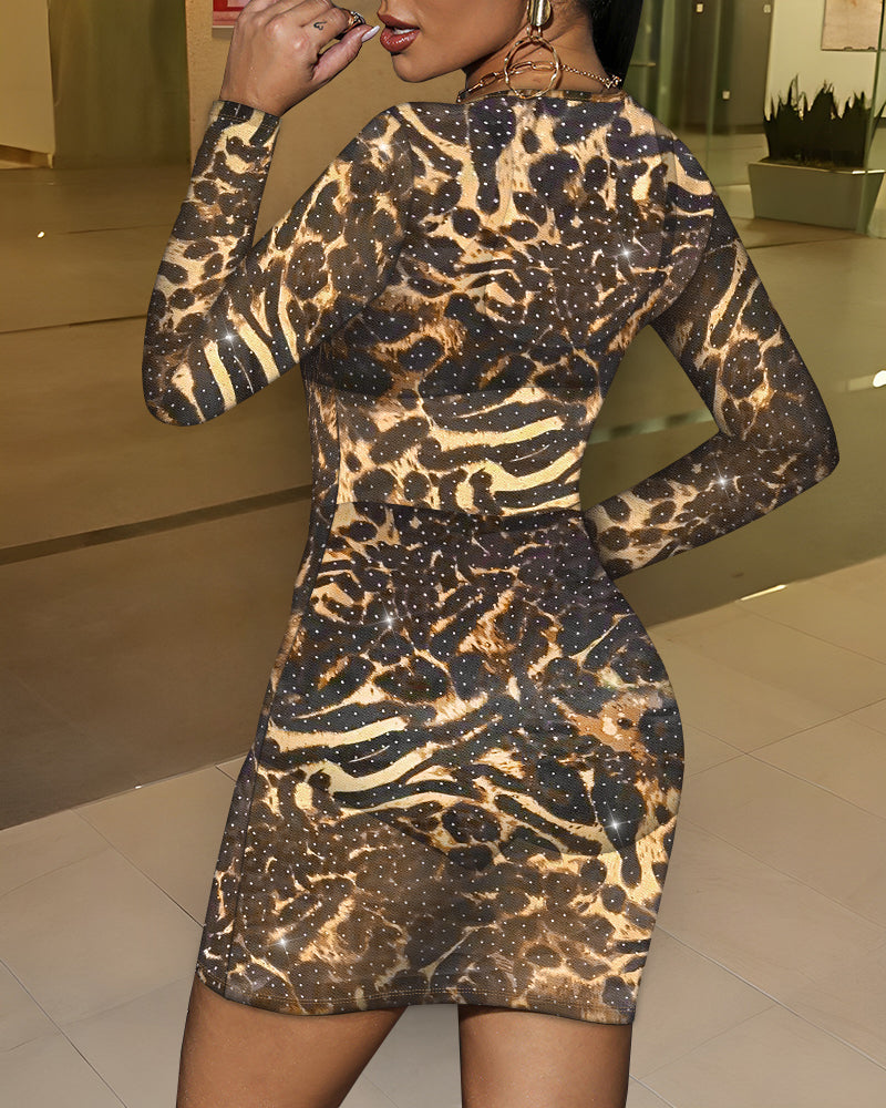Rhinestone Leopard Print Deep V Neck Long Sleeve Bodycon Dress See Through Sheer Mesh Mini Dress