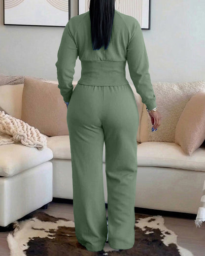 2 Pieces Outfit O-neck Long Sleeve Cinched Waist Sweatshirt and Elastic Waist Wide Leg Pants Set Casual Seam Design Sweatpants Set