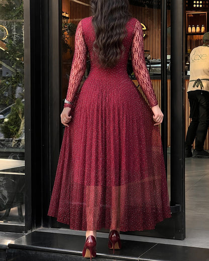 Women's Rhinestone Lace Long Sleeve Maxi Dress Crew Neck Textured A-Line Evening Gown