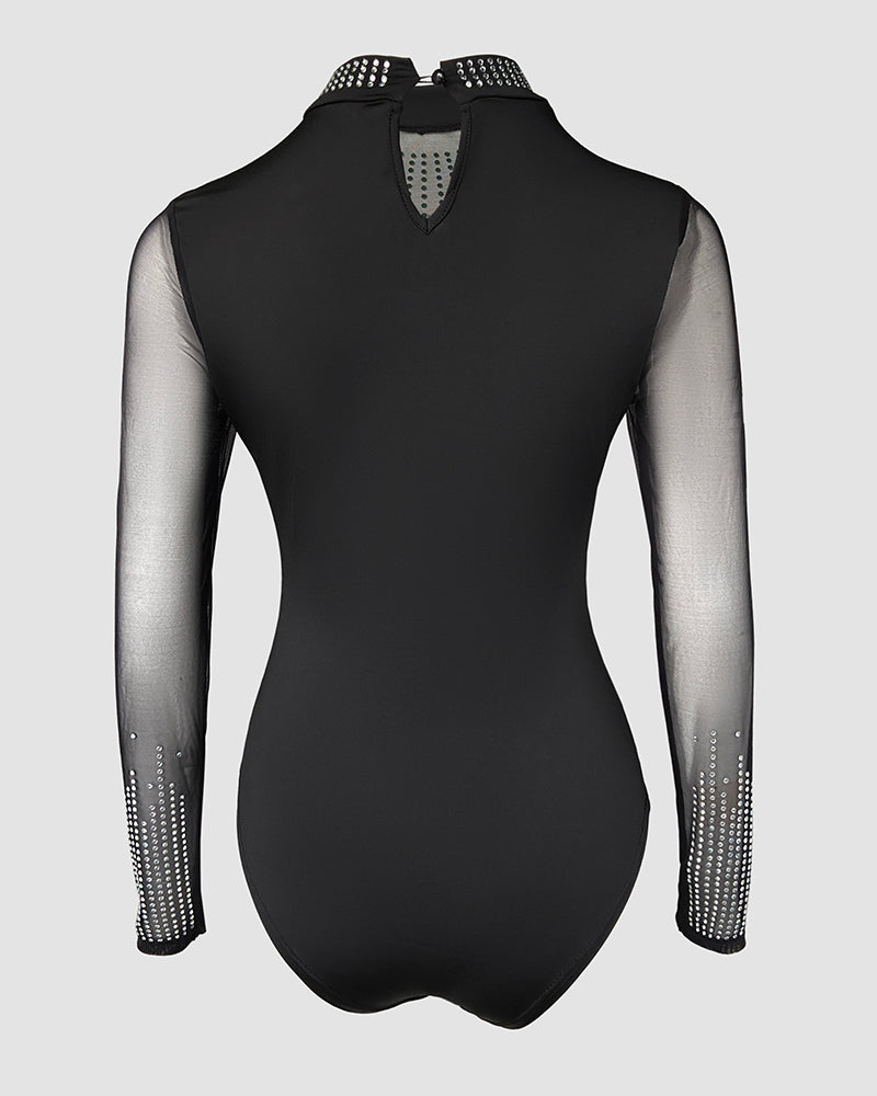 Rhinestone Decor Sheer Mesh Patch Bodysuit