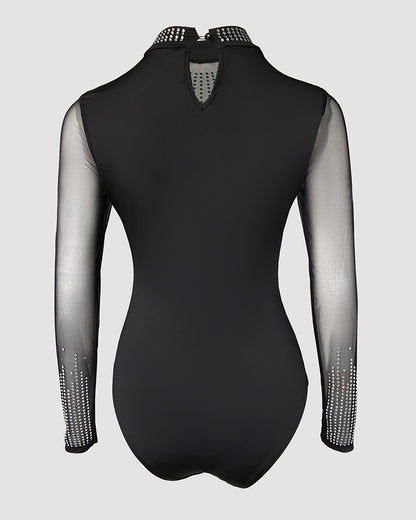 Rhinestone Decor Sheer Mesh Patch Bodysuit
