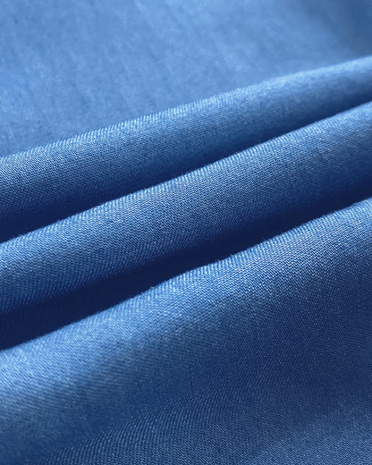 Turn-down Collar Turn-Up Sleeves Button Down Denim Shirt Dress Casual Flap Pockets Decor Asymmetrical Hem Dress