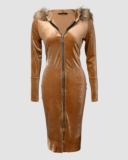 Velvet Fuzzy Trim Hooded Long Sleeve Zip Up Midi Dress