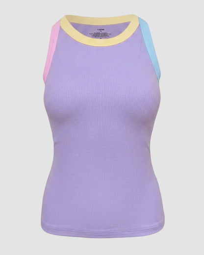 Women's Contrast Binding Tank Top Ribbed Knit Sleeveless Scoop Neck Slim Fit Camisole Top with Built-in Bra