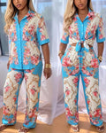 Women's Palace Style Vintage Floral 2 Piece Outfits Button Down Shirt and High Waisted Wide Leg Pants Set with Pockets