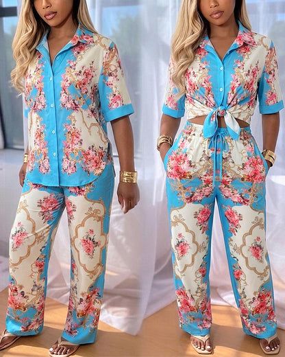 Women's Palace Style Vintage Floral 2 Piece Outfits Button Down Shirt and High Waisted Wide Leg Pants Set with Pockets