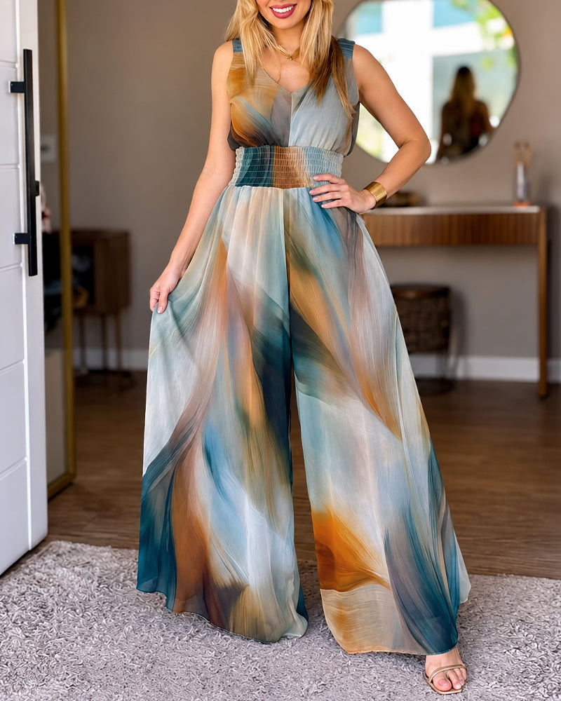 Women's Vintage Tie Dye Print Mesh V-Neck Shirred Waist Wide-Leg Jumpsuit with Lining