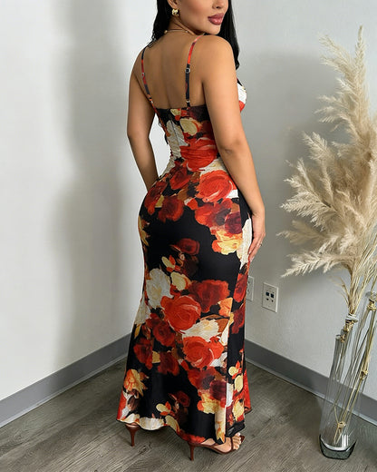 Women's Floral Print Mesh Dress Ruffle Hem High Slit Mermaid Cami Dress Sexy Sleeveless Bodycon Party Dress